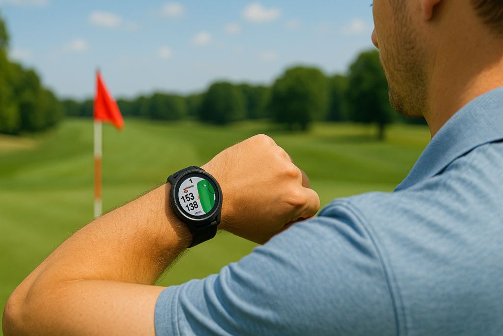 Hombre usando reloj gps en campo de golf